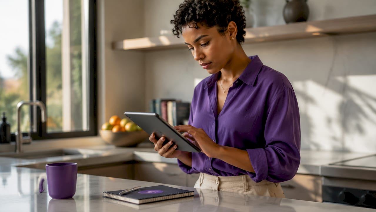 Professional woman researching company online