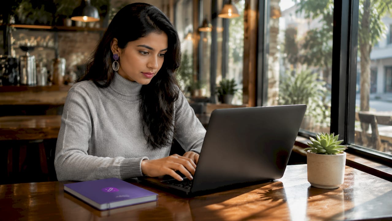 Young woman working on resume parsing software at desk