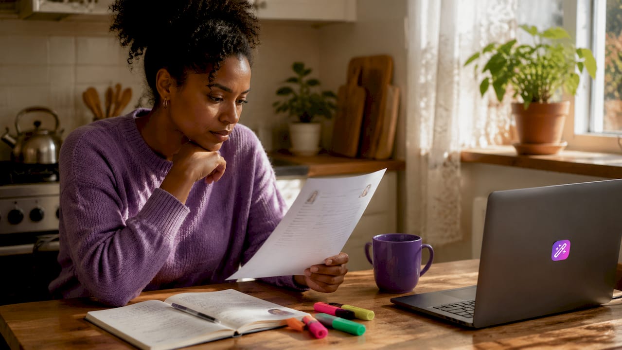 Person reviewing printed resume in home office