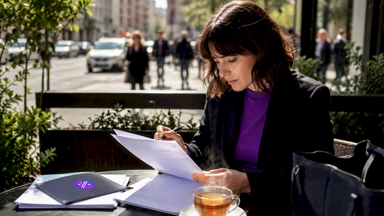 Professional woman reviewing CV documents at desk