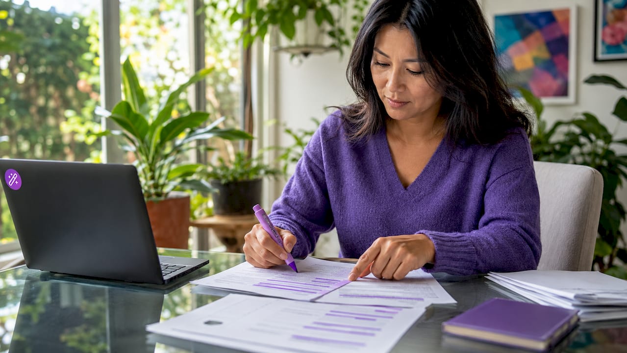 Person highlighting keywords on job description papers