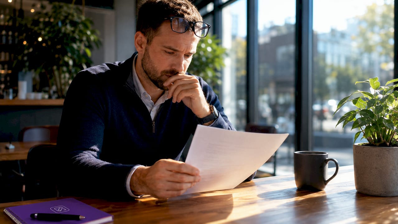 Recruiter reviewing CV at office desk