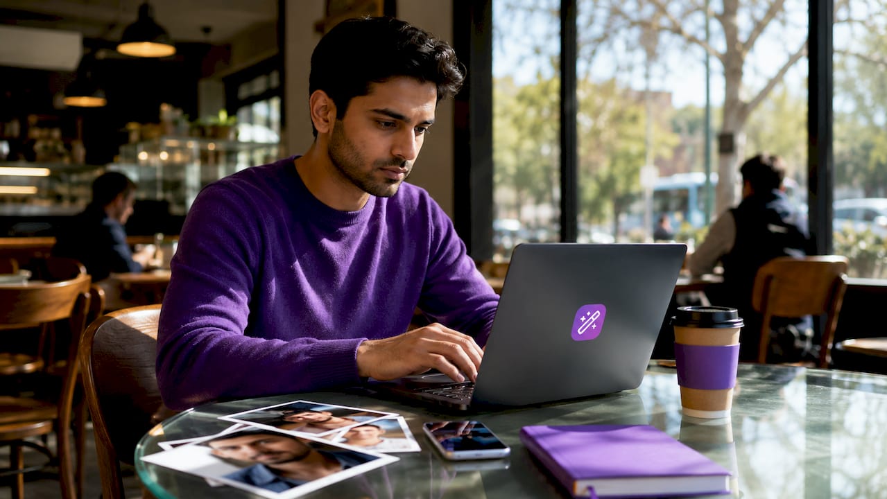 Man using AI headshot generator at home desk
