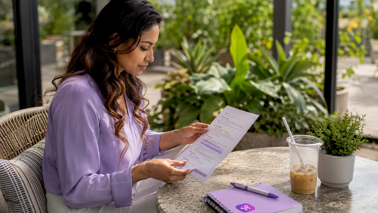 Professional reviewing master resume document in home office