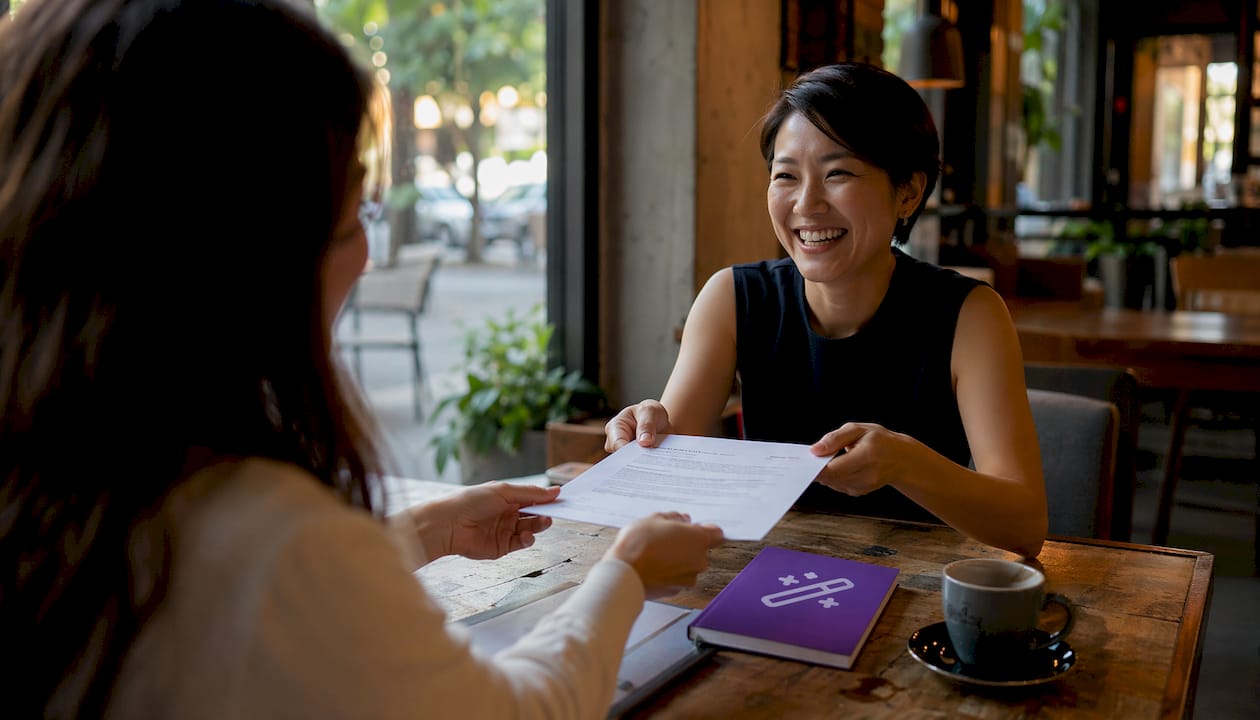 Woman handing referral letter in office