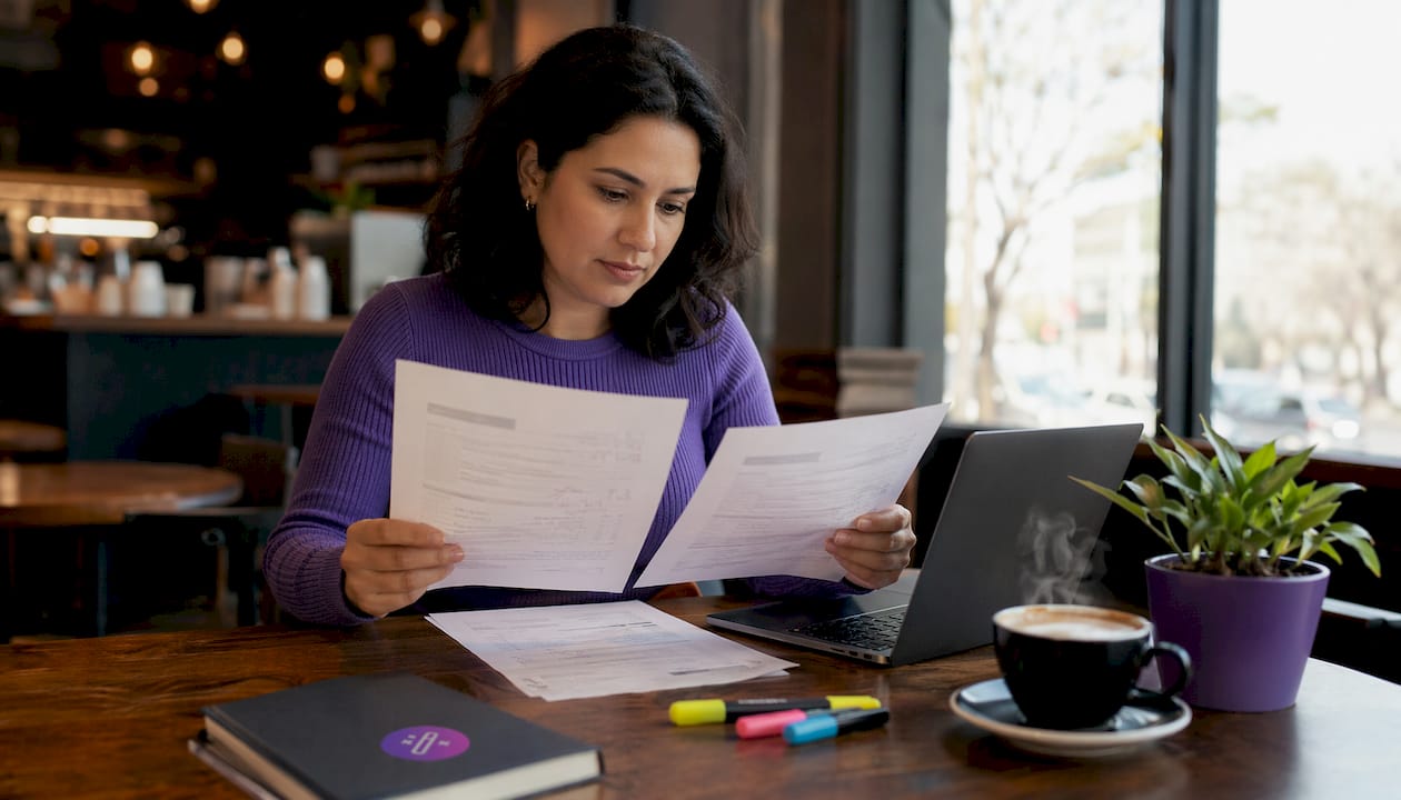 Woman reviewing printed resumes at desk