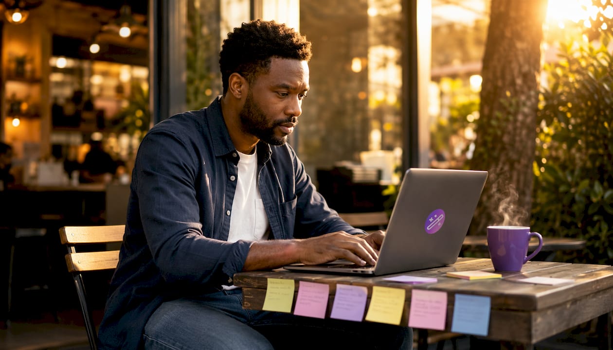 Man typing resume on laptop in coworking space