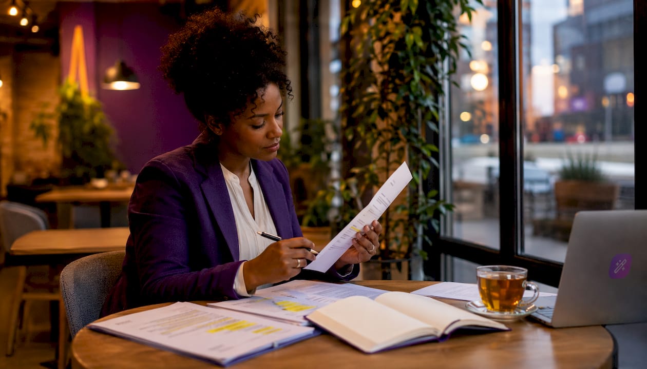 Person reviewing CV formatting at desk