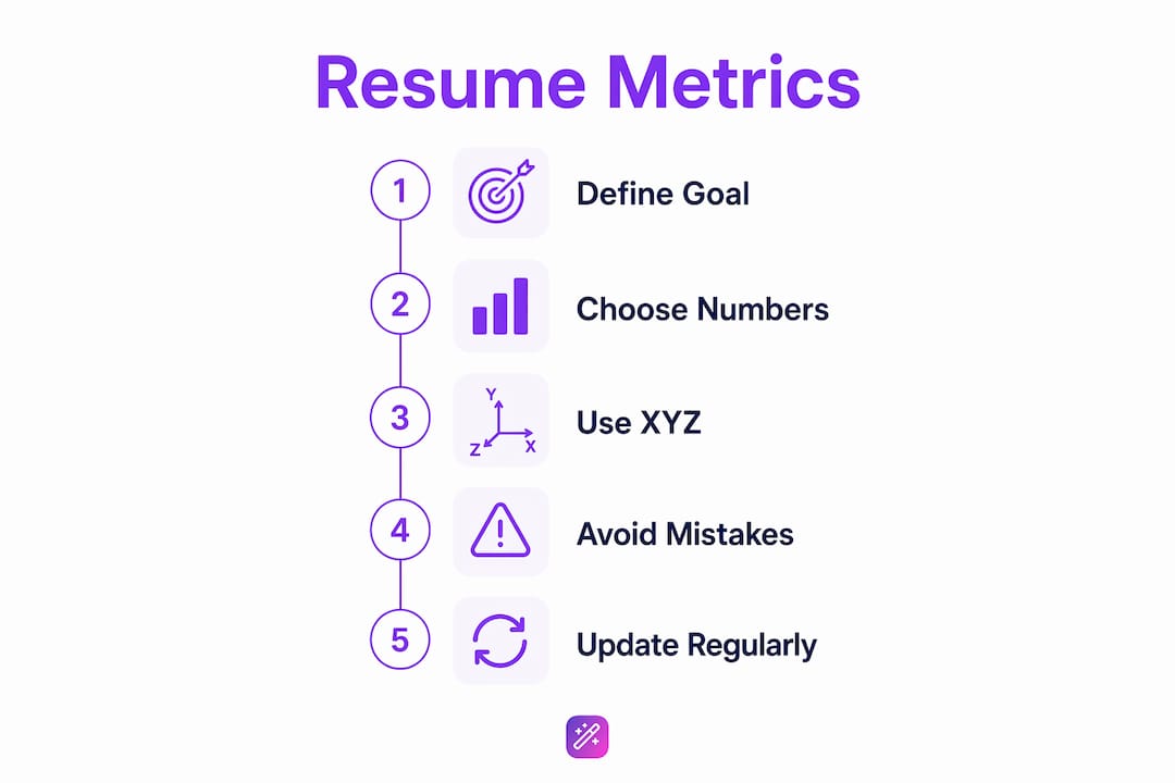 Infographic showing key steps to add metrics to resumes