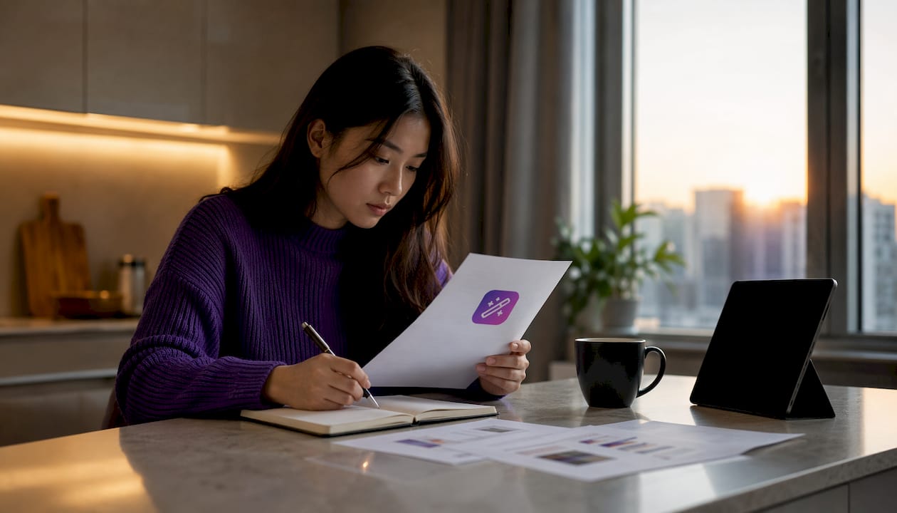 Woman researching employer at home desk