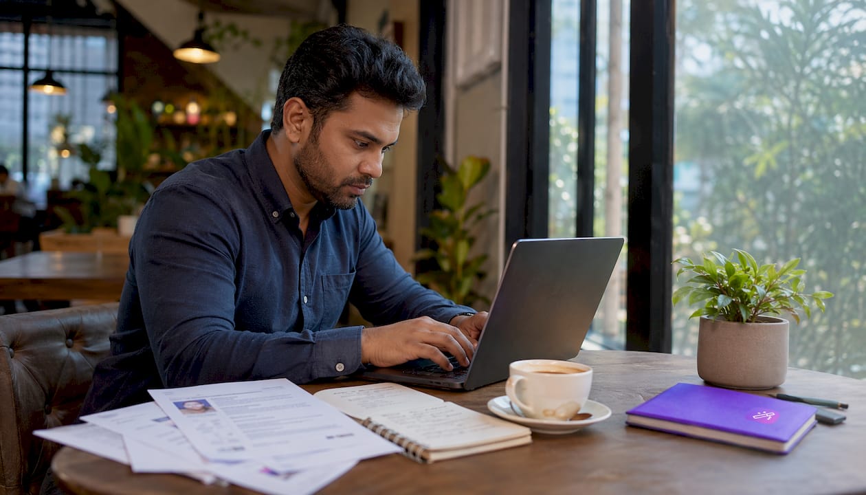 Man typing professional summary at home desk