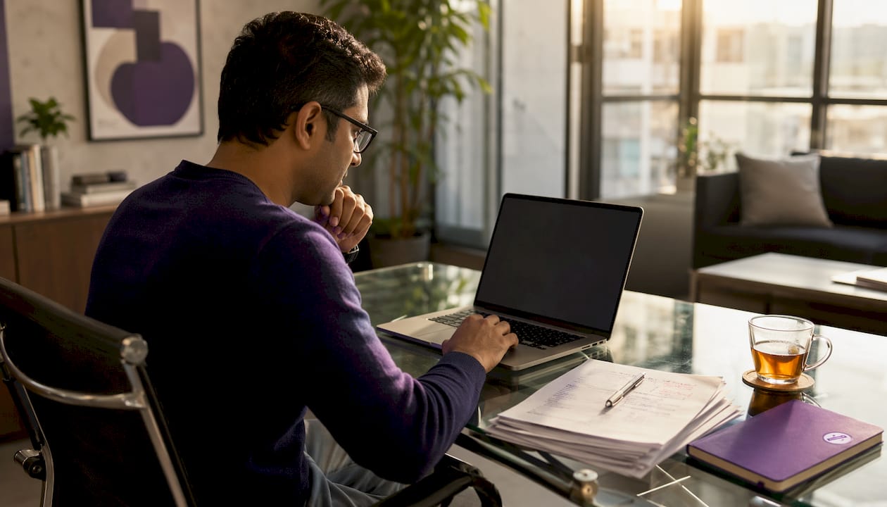 Man editing resume on laptop in home office