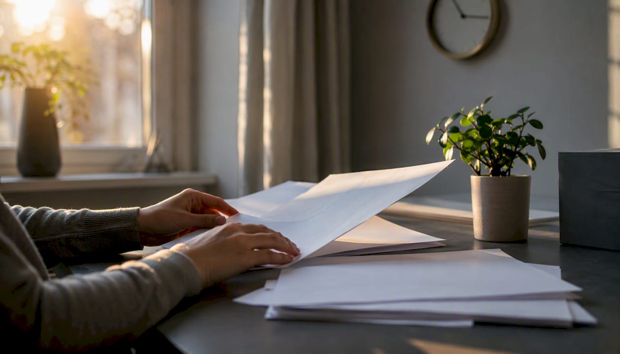 Hands arranging resume pages on desk