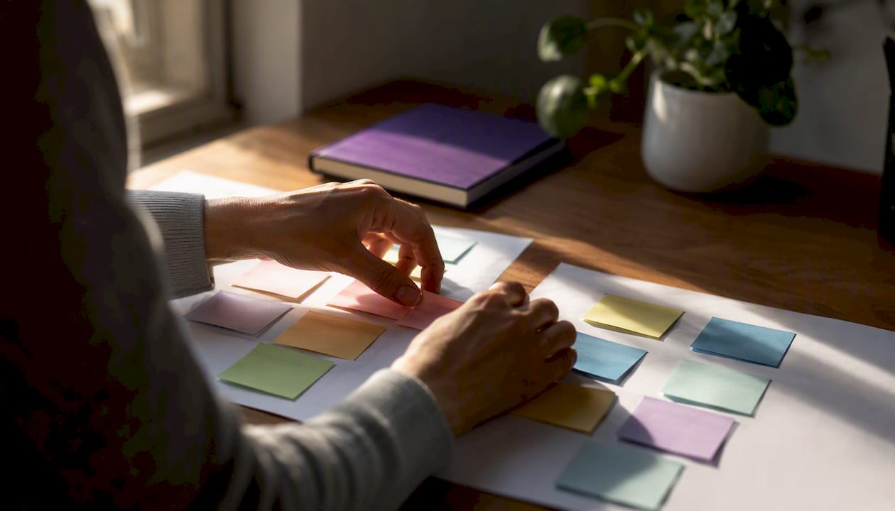 Hands manually organizing keywords workflow