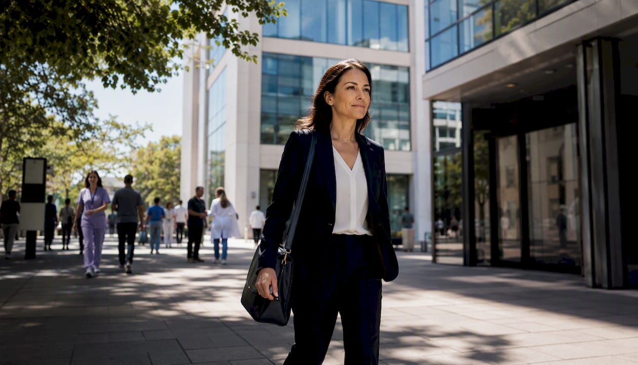 Pharmaceutical rep walking on hospital campus