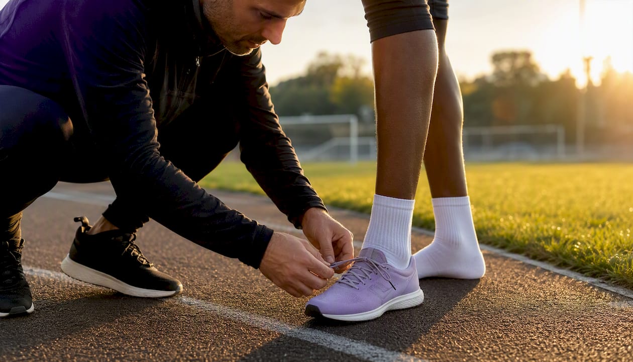 Coach tying athlete’s running shoes on track