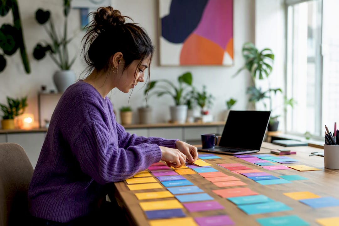 Hands grouping skill tiles on desk