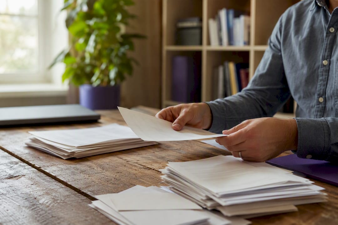Hands sorting folders on desk