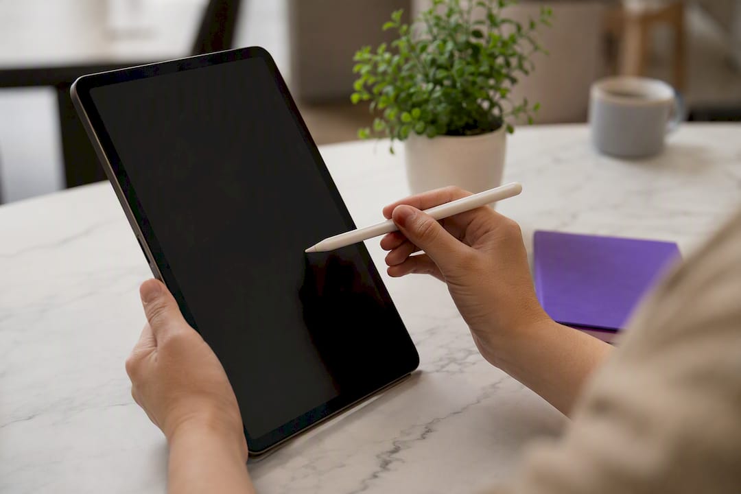 Hands pointing at keyword tiles on tablet