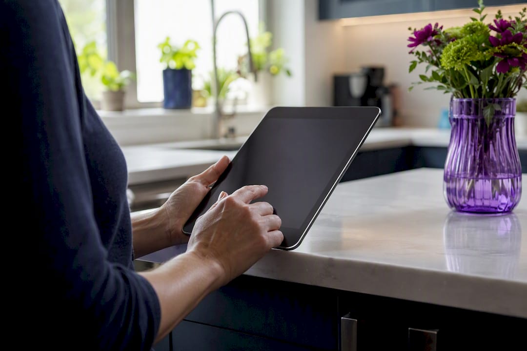 Hands interacting with multiple devices organizing saved jobs