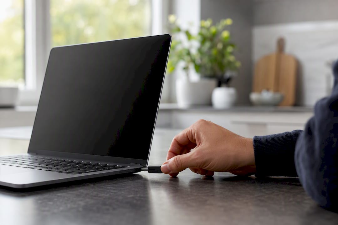 Hand plugging security key into laptop for data protection