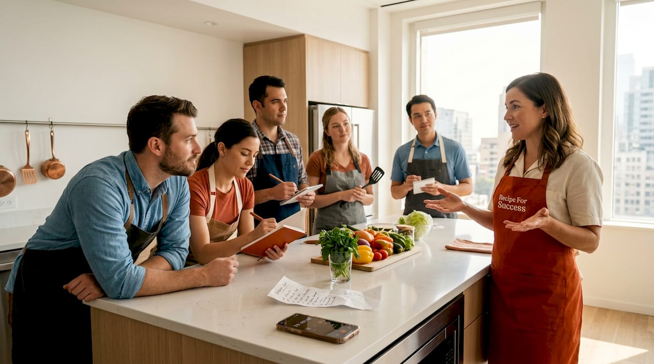 Team listening to facilitator in office kitchen