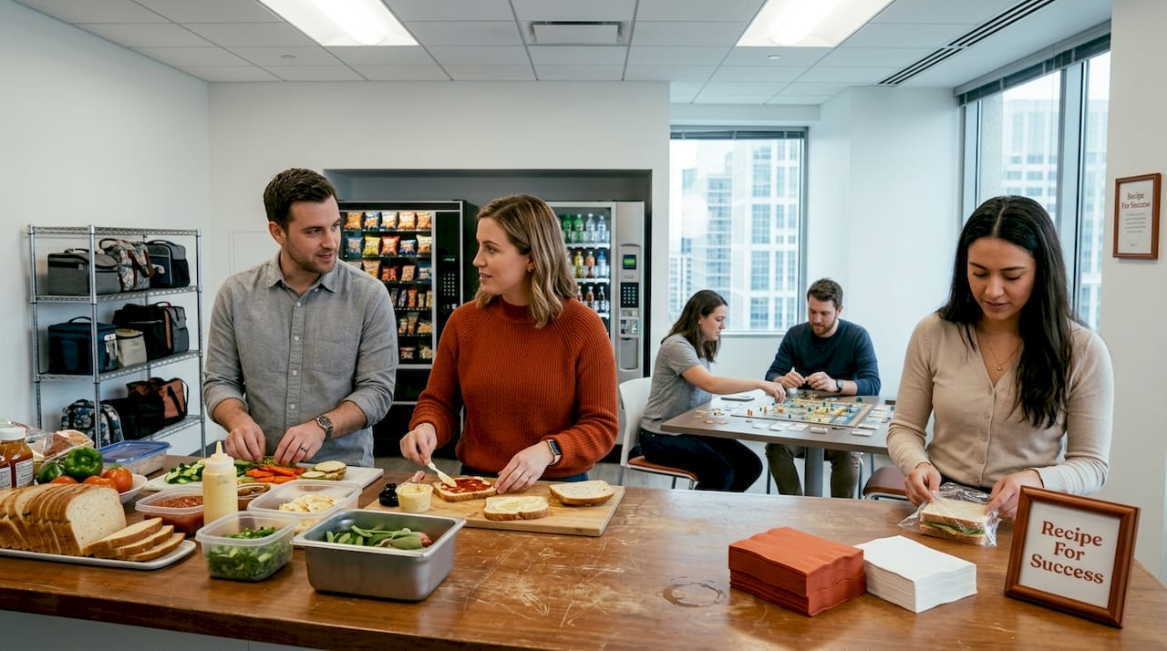 Office team making sandwiches, others play board game