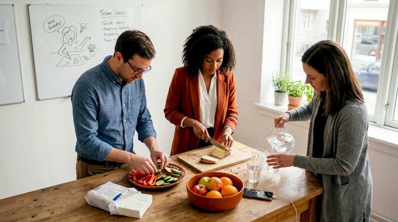 Colleagues prepping food around office kitchen table