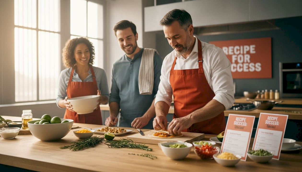 Employees rotating roles at food station event