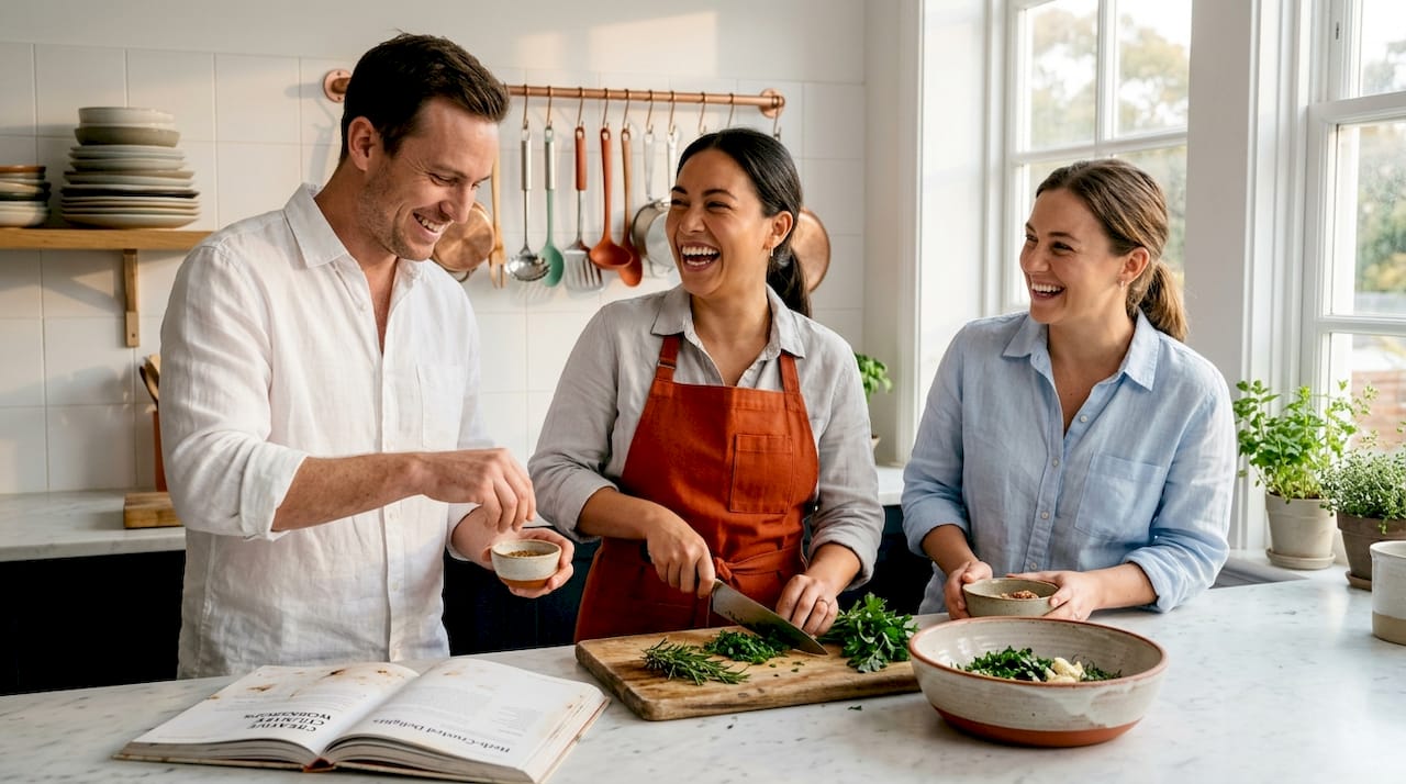 Colleagues preparing a meal in office kitchen
