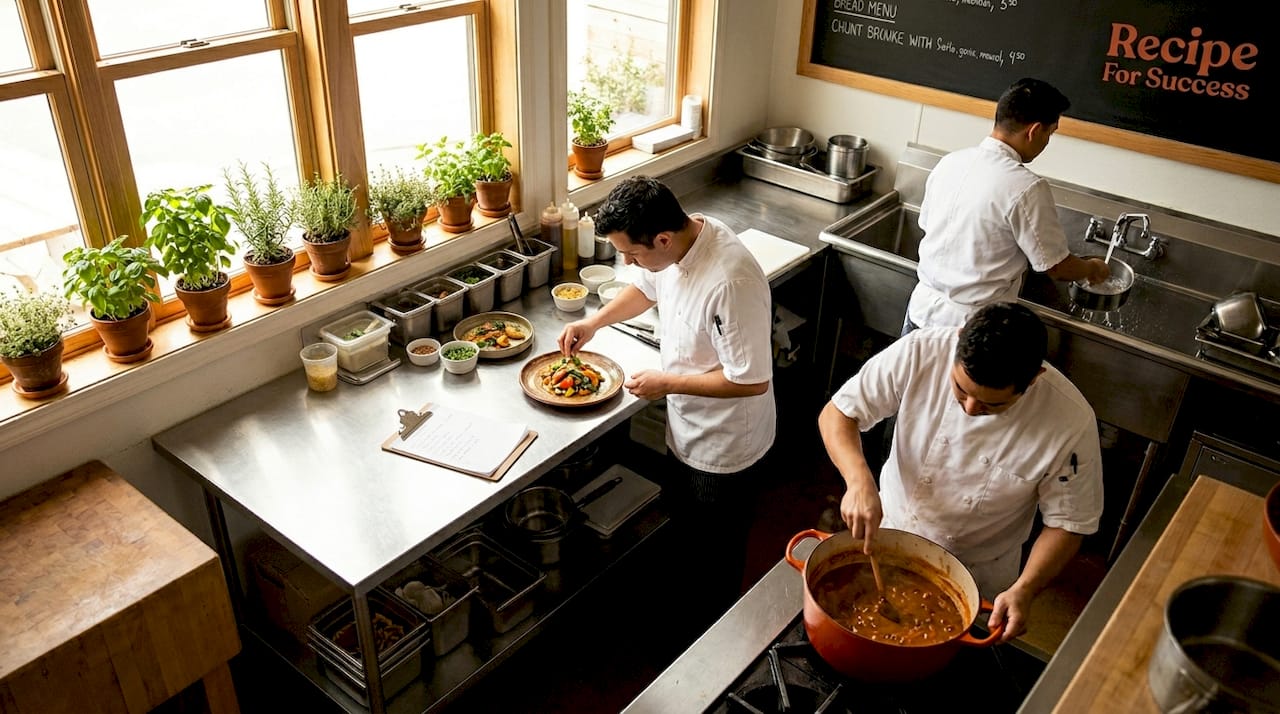 Professional chefs coordinating kitchen tasks efficiently