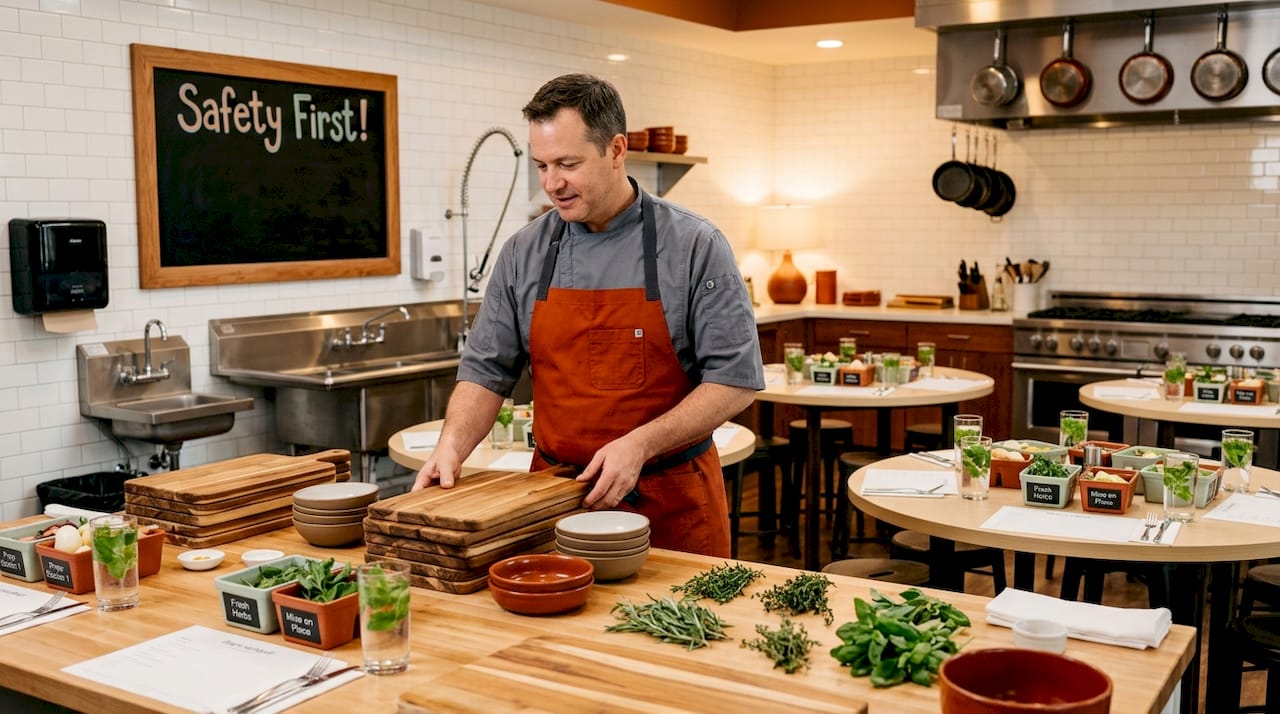 Chef arranging kitchen for team workshop