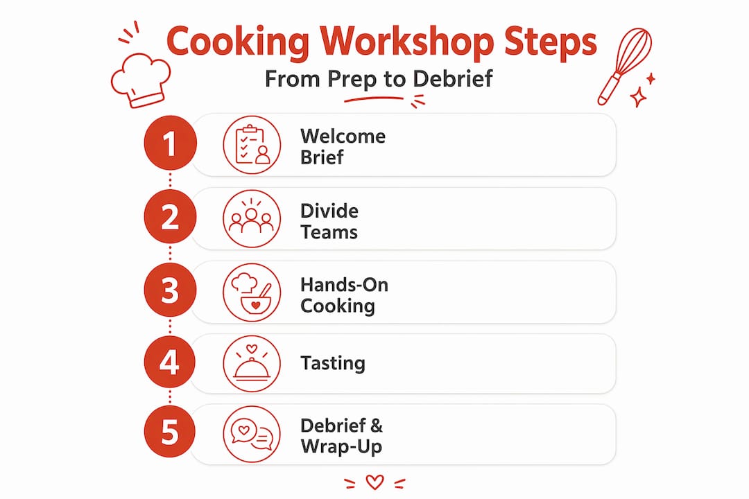 Infographic illustrating steps of a cooking workshop