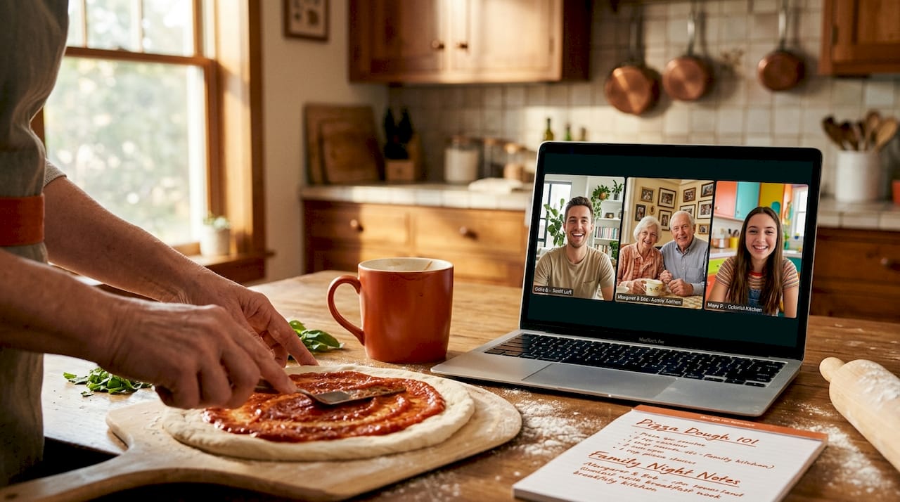 Video call of family cooking in separate kitchens