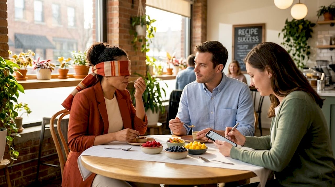 Team tasting food with blindfold in office