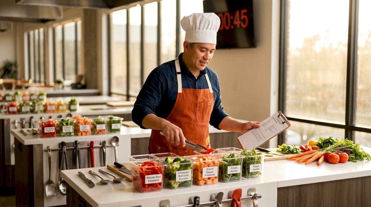 Chef setting up culinary workstations with labels