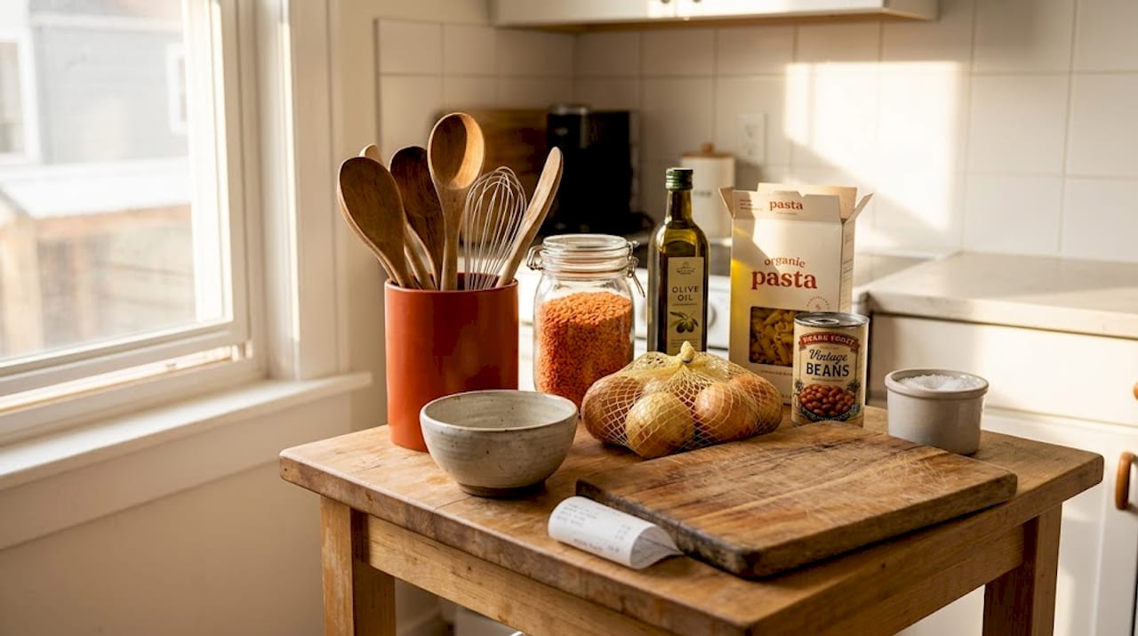 Pantry staples on kitchen counter
