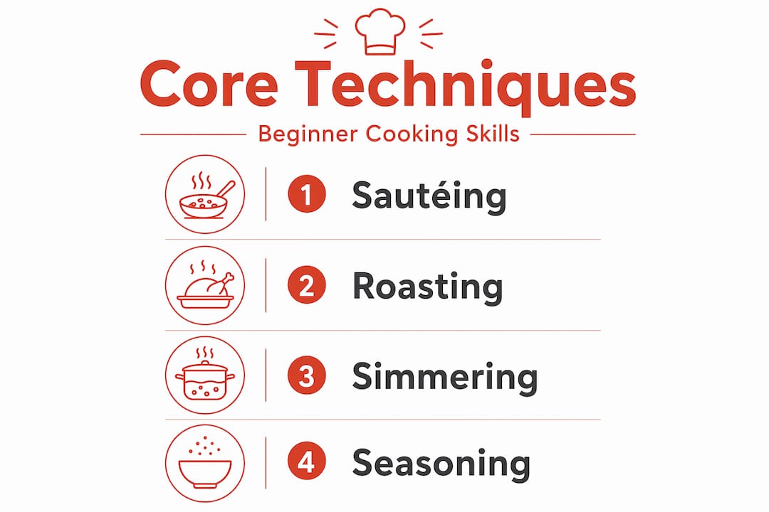 Infographic with beginner core cooking techniques