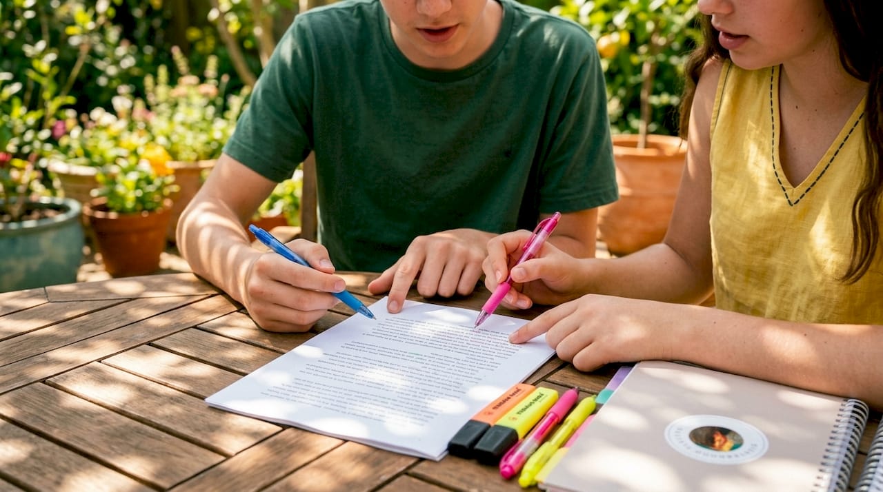 Two teens reviewing manuscript pages in library