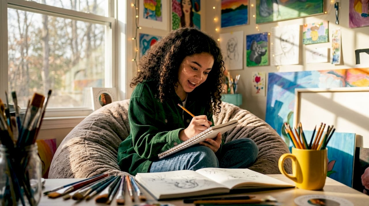 Teen girl writing at desk in bedroom