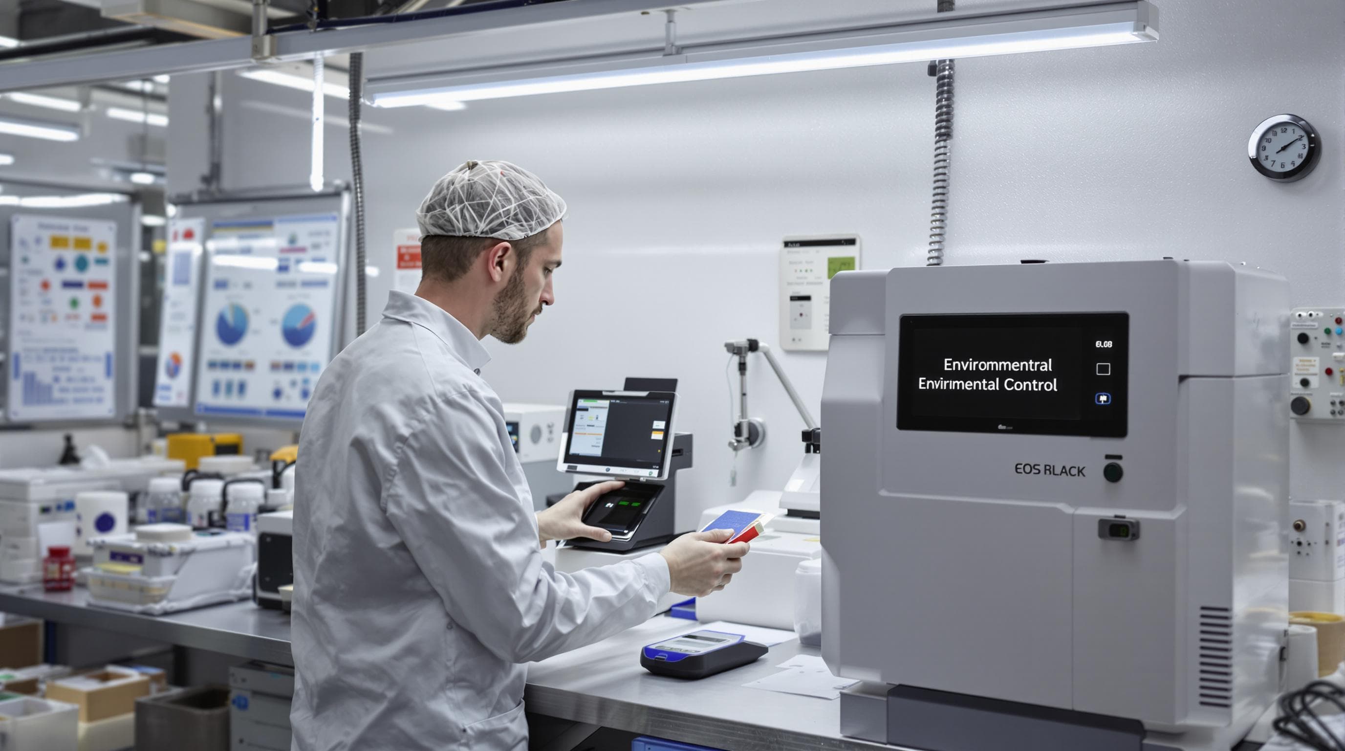 Technician using spectrophotometer in lab with environmental controls for color consistency