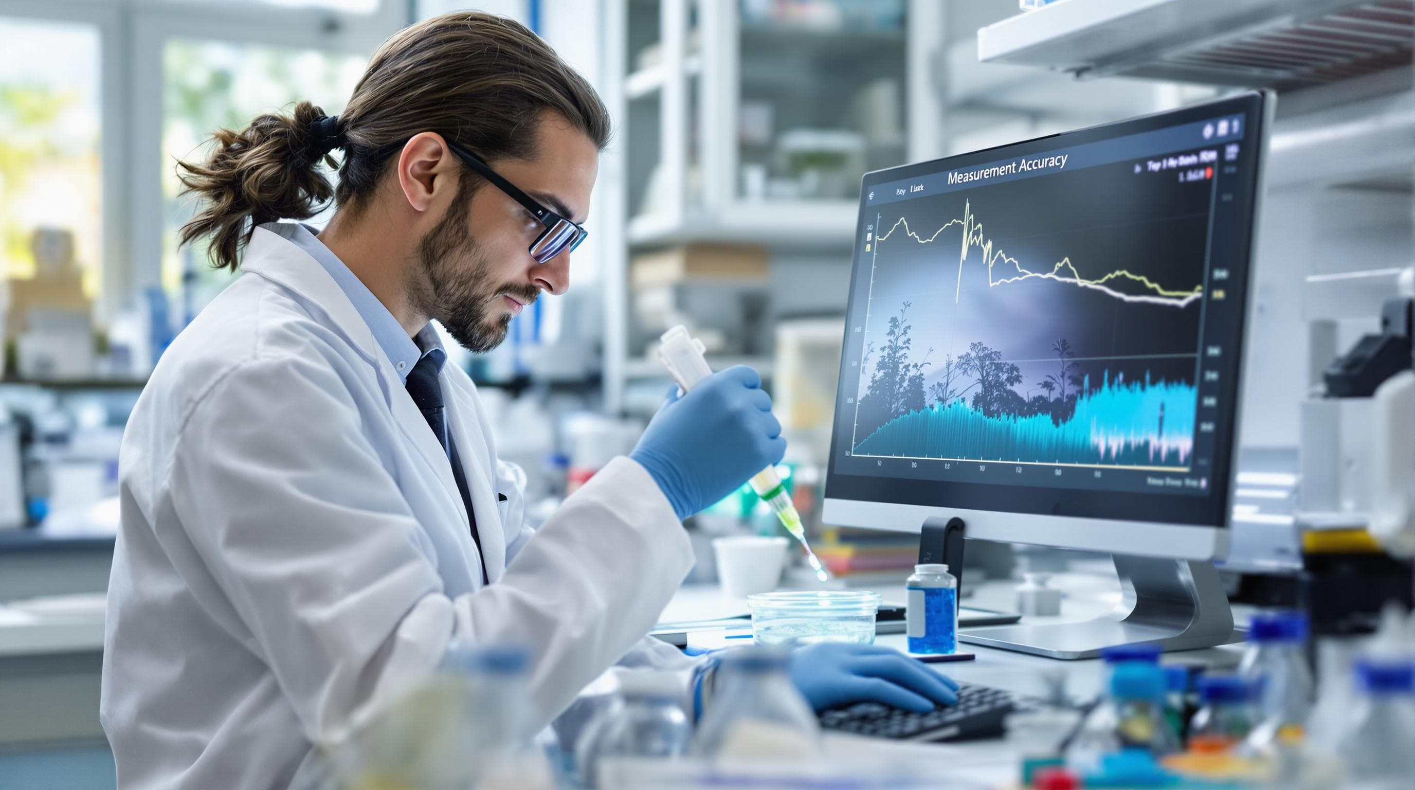 Scientist uses pendant drop method to measure liquid surface tension, 'Measurement Accuracy' on computer screen.