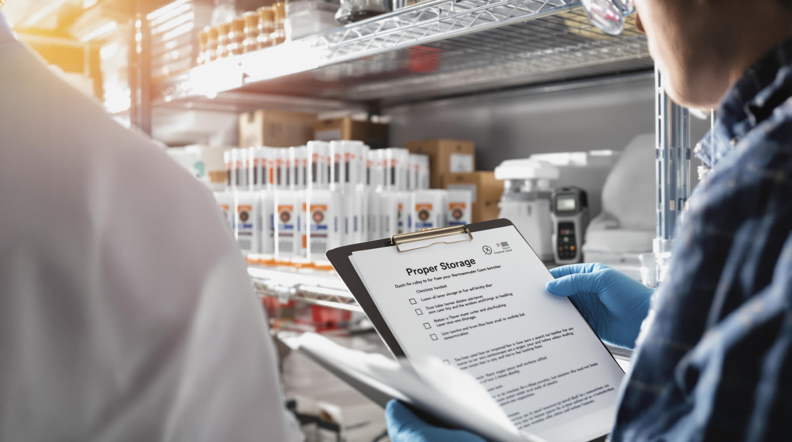 Professionals inspect dyne test pen storage with 'Proper Storage' visible