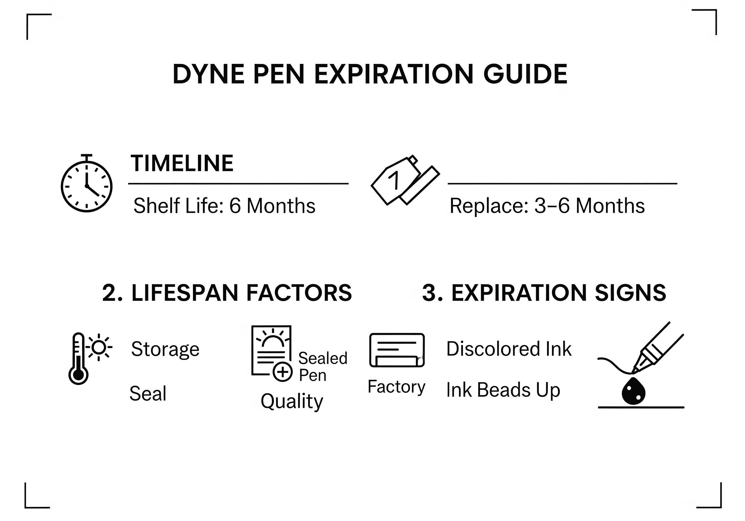 Infographic showing dyne test pen expiration facts and warning signs.