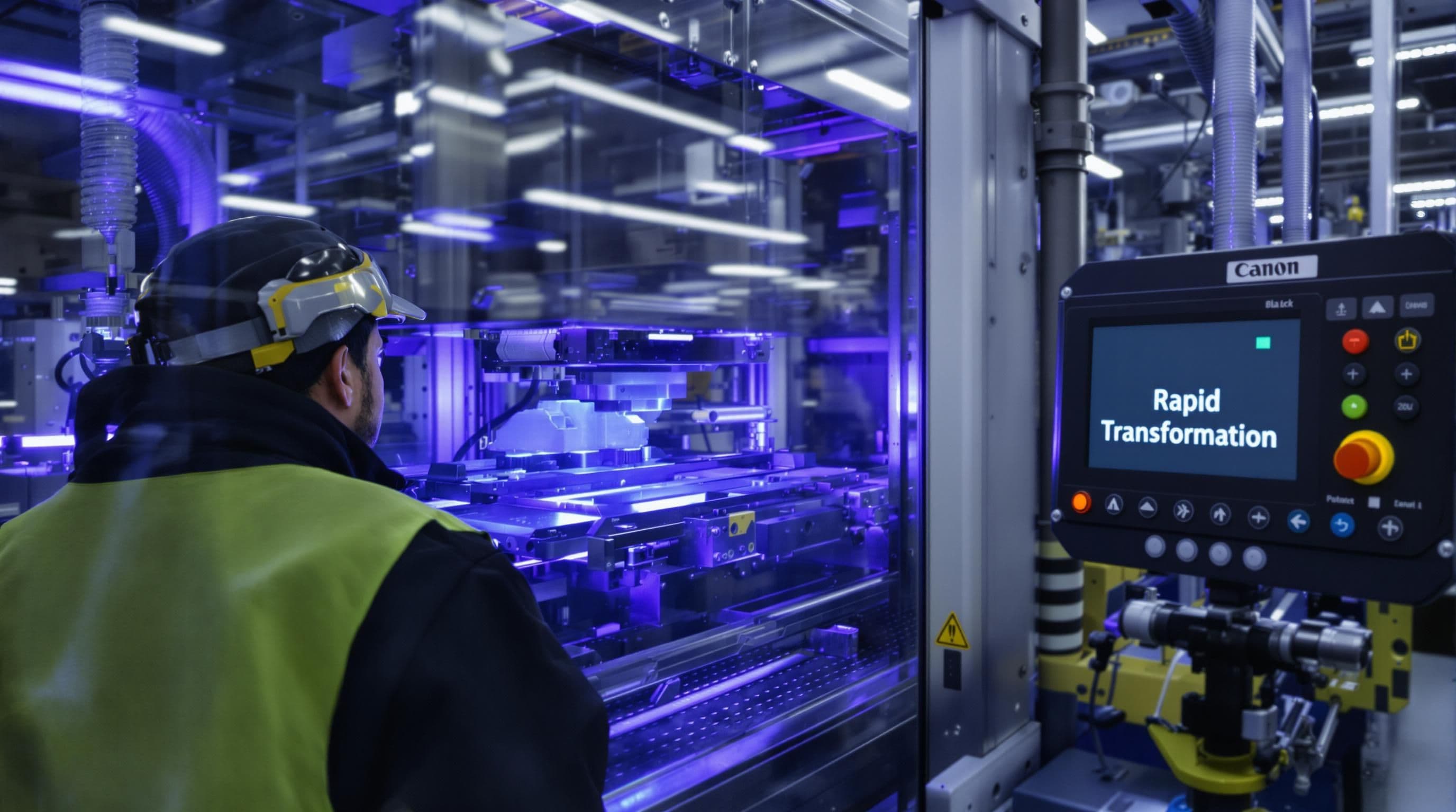 What Is UV Curing? 2025 Guide for Packaging and Manufacturing 2 Factory technician overseeing UV curing process with 'Rapid Transformation' on control panel