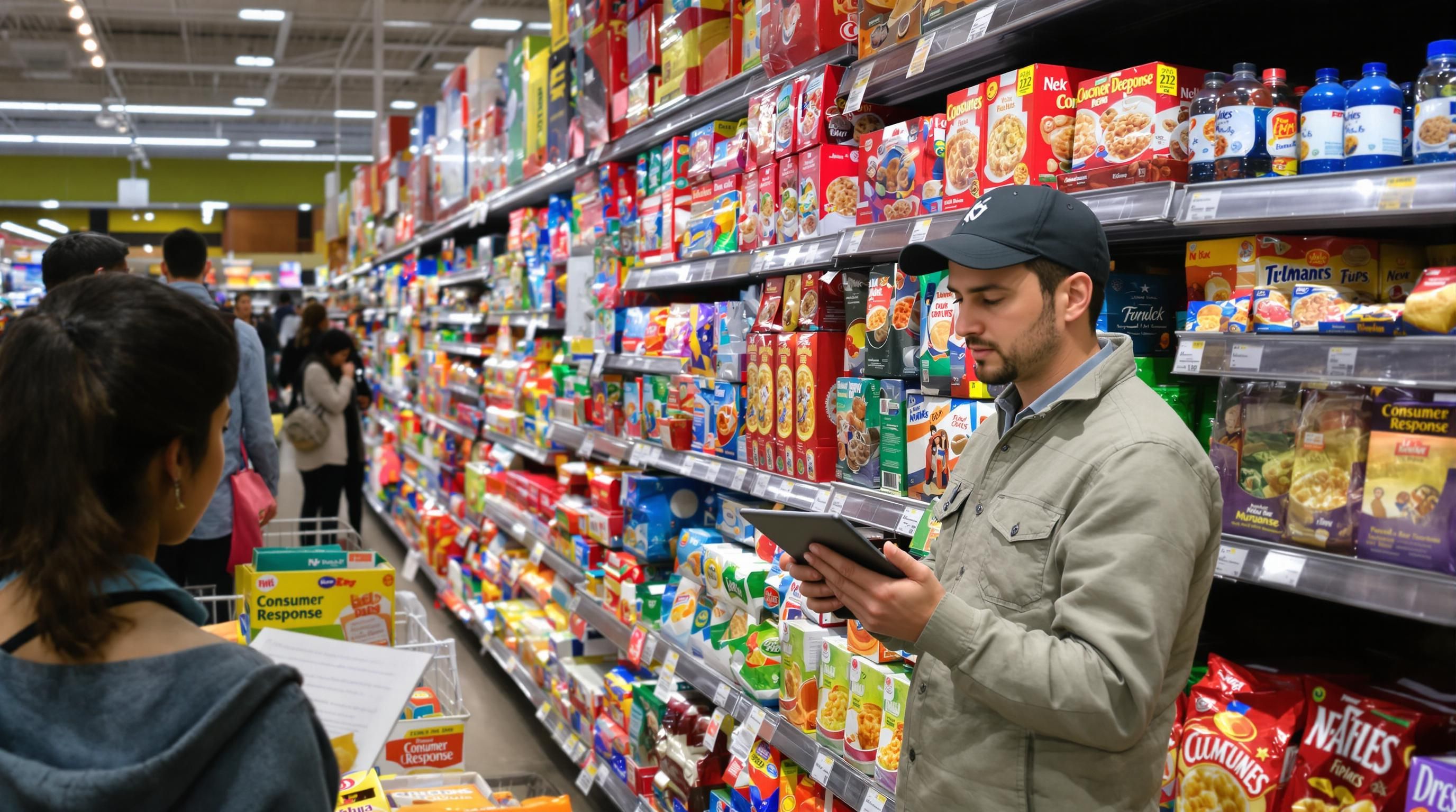 Shoppers examine colorful food packaging as marketer observes in store