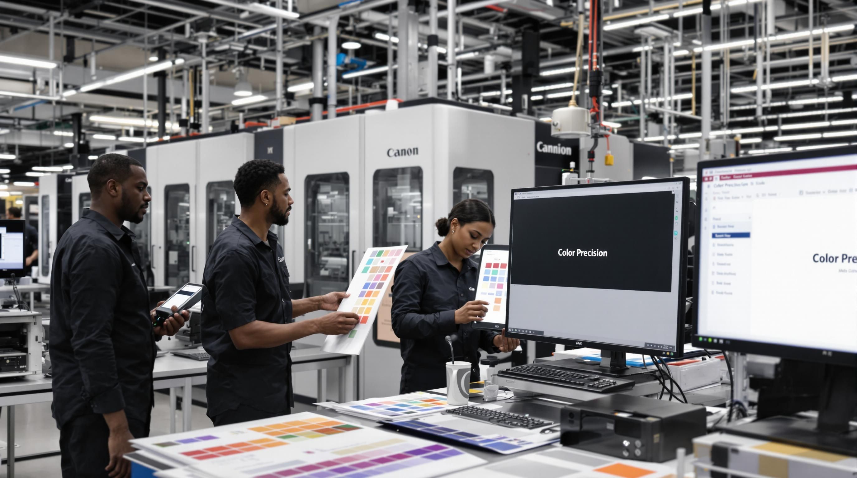 Graphic Design Workflow for Industrial Printing in 2025 2 Technicians calibrate digital press and check print color accuracy in modern facility.