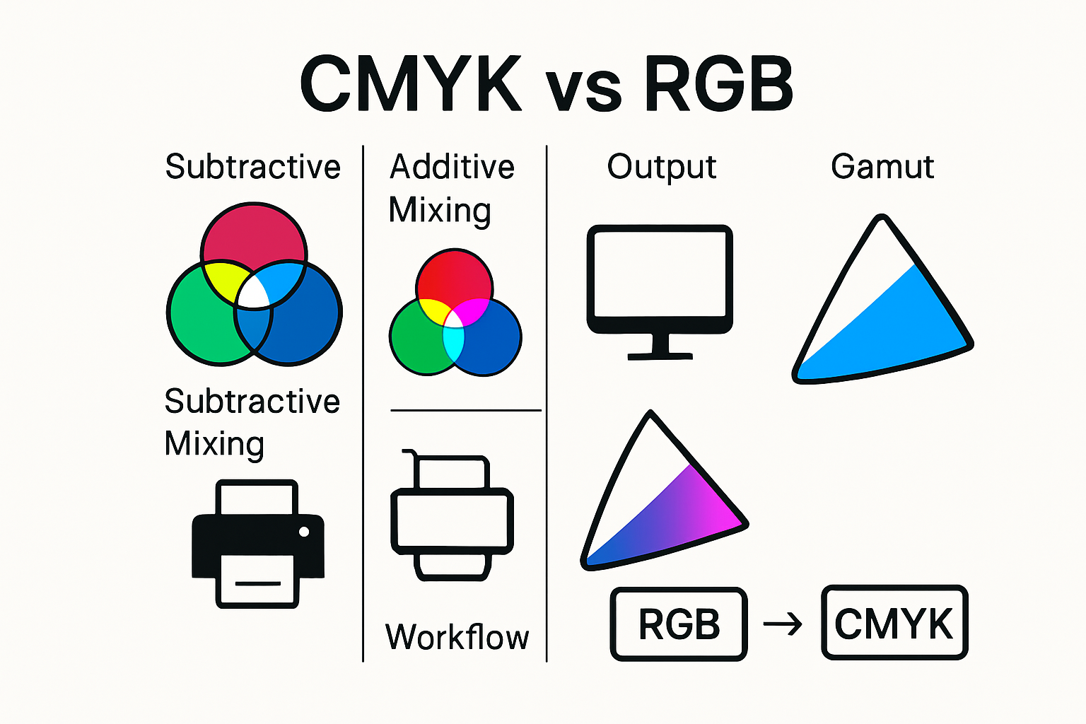 Comparison infographic of cmyk vs rgb color models