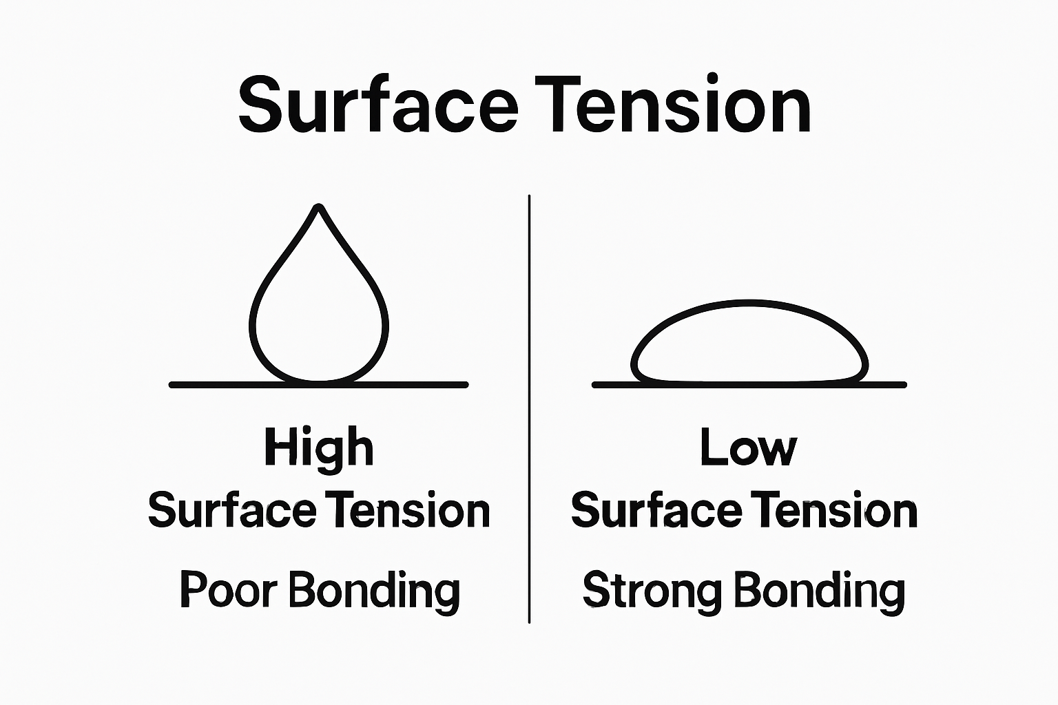 Infographic comparing high and low ink surface tension and bonding