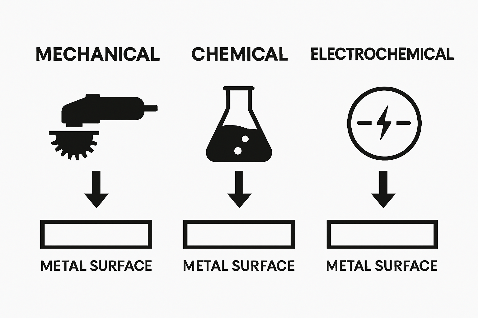 Understanding Finishing Techniques for Metals 1 Infographic comparing mechanical, chemical, and electrochemical metal finishing techniques